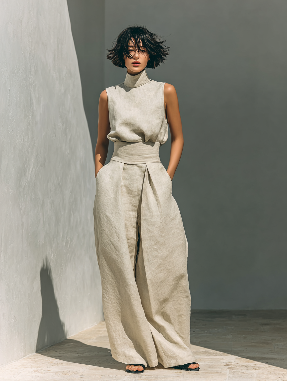 Women's minimalist set in cotton and linen with sleeveless blouse and wide-leg trousers