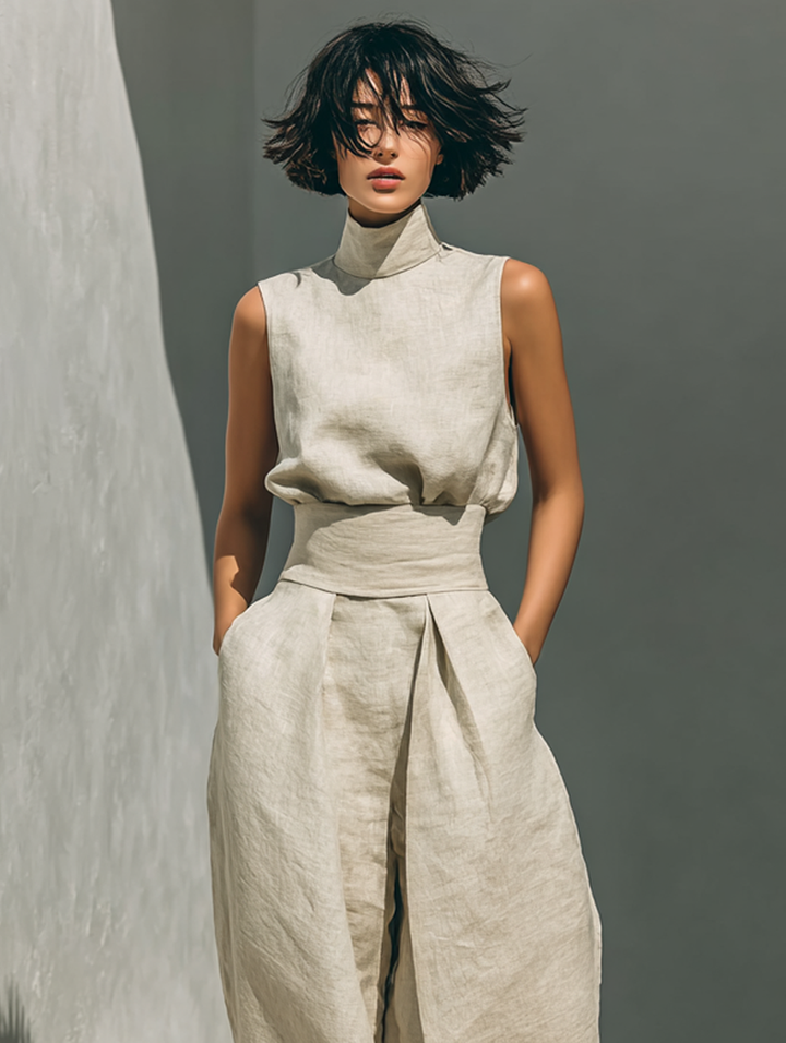 Women's minimalist set in cotton and linen with sleeveless blouse and wide-leg trousers
