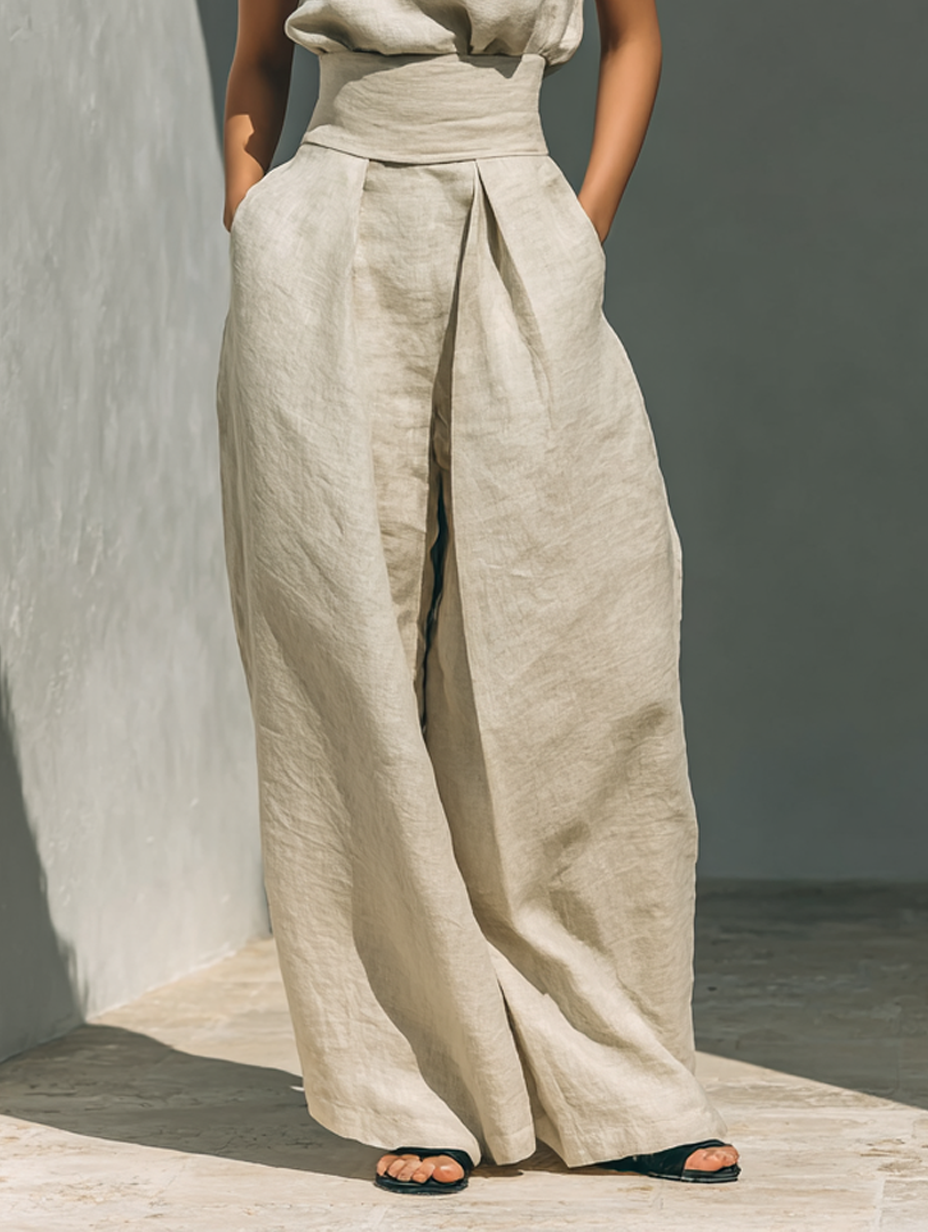 Women's minimalist set in cotton and linen with sleeveless blouse and wide-leg trousers