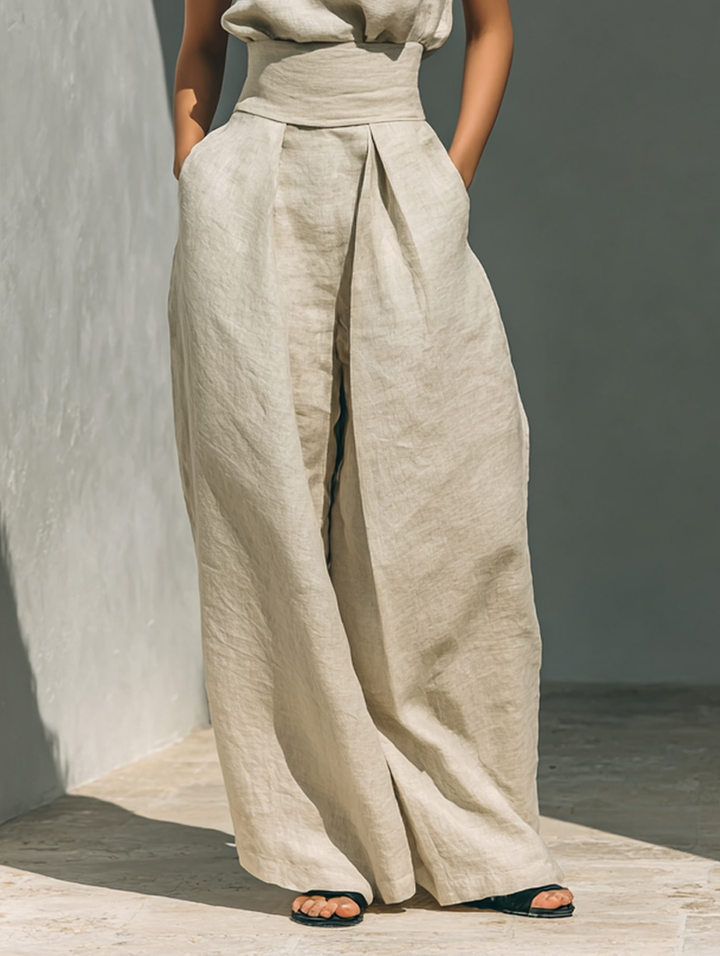Women's minimalist set in cotton and linen with sleeveless blouse and wide-leg trousers