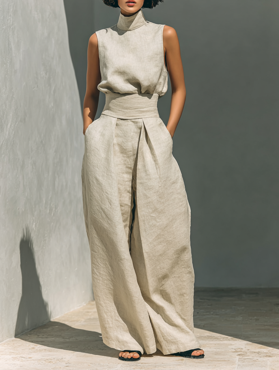 Women's minimalist set in cotton and linen with sleeveless blouse and wide-leg trousers