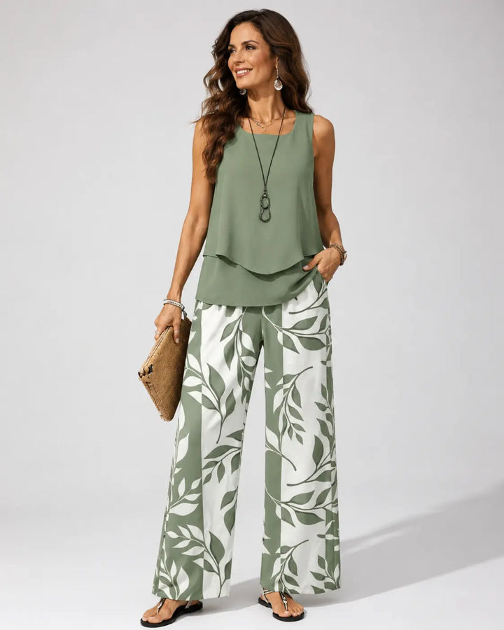 Petronila™ | Sage Green Botanical Blouse and Trousers Set