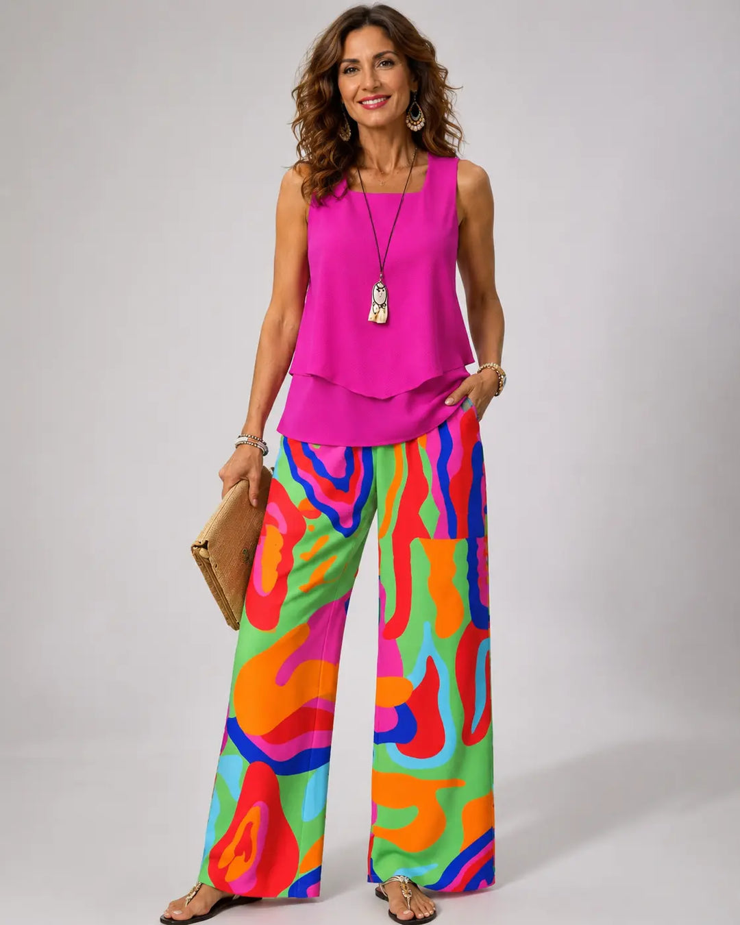 Clotilde™ | Pink Top and Abstract Trouser Set