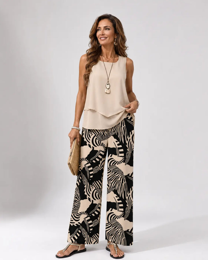 Ignacia™ | Beige Blouse and Botanical Trousers Set
