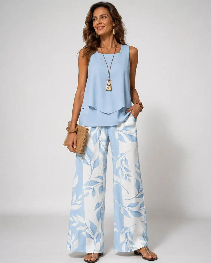 Olalla™ | Sky Blue Blouse and Botanical Trouser Set