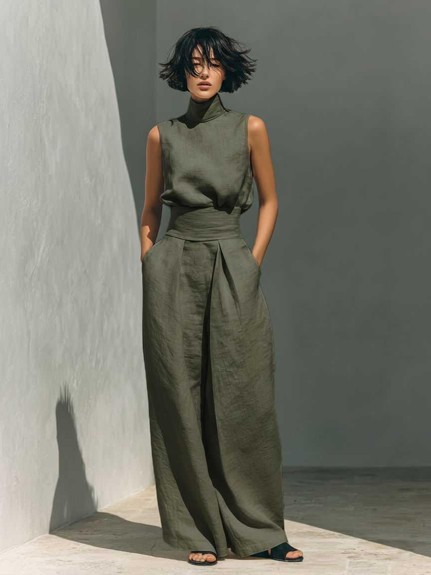 Women's minimalist set in cotton and linen with sleeveless blouse and wide-leg trousers
