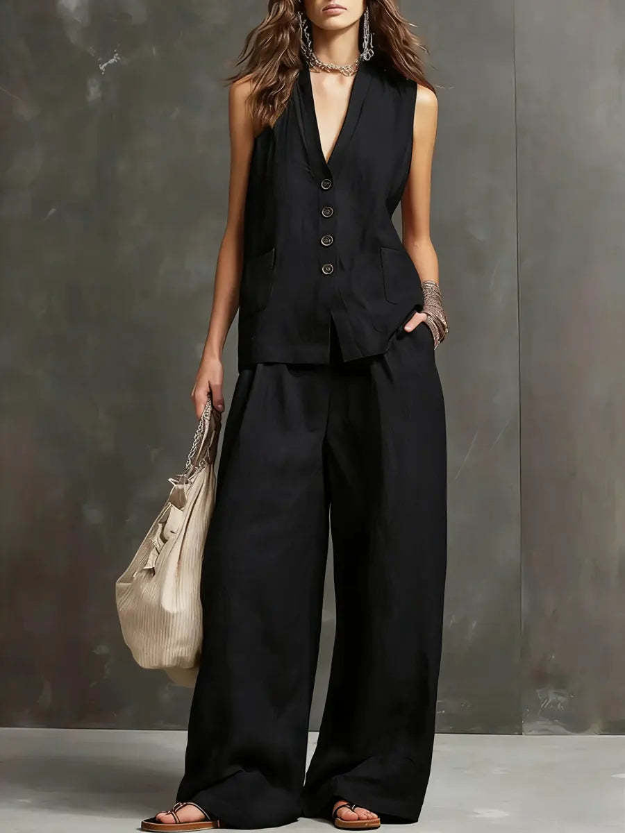 Two-Piece Set in Cotton and Linen with Sleeveless Vest and Wide-Leg Trousers