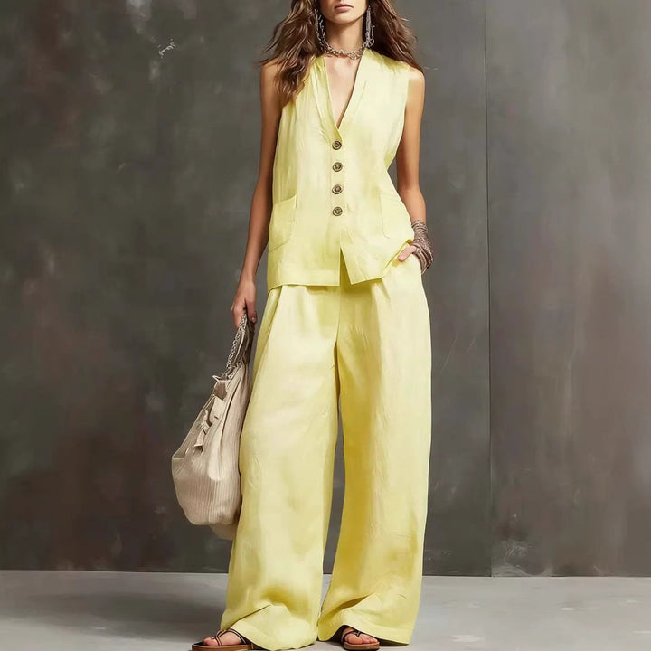 Two-Piece Set in Cotton and Linen with Sleeveless Vest and Wide-Leg Trousers