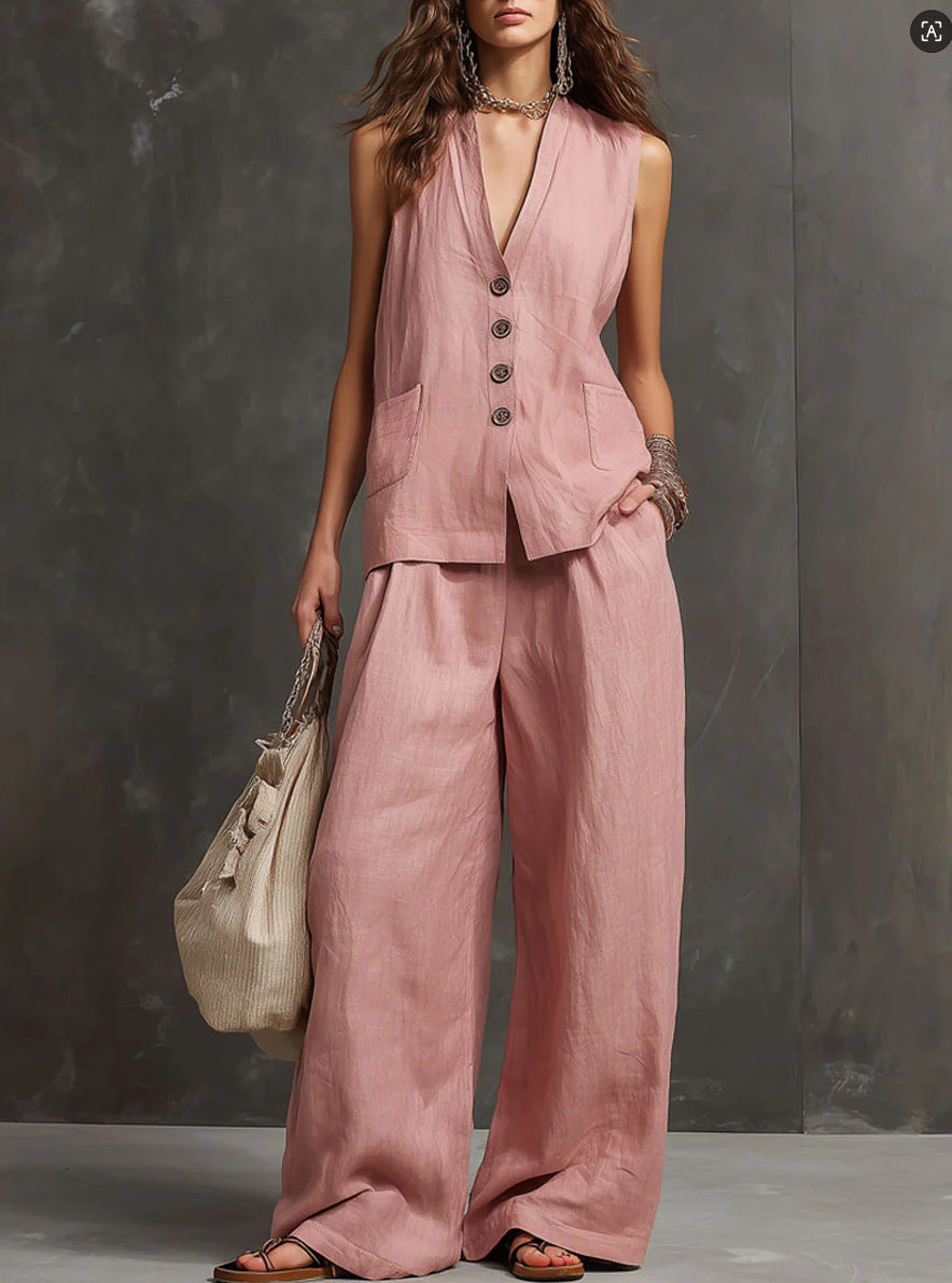 Two-Piece Set in Cotton and Linen with Sleeveless Vest and Wide-Leg Trousers