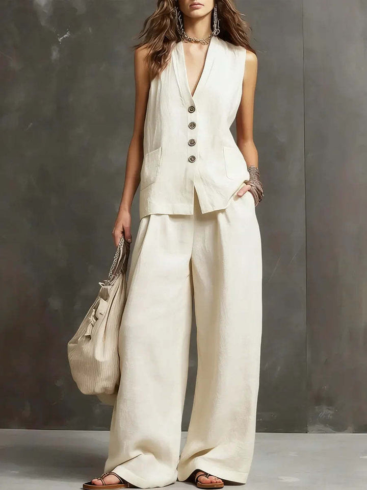 Two-Piece Set in Cotton and Linen with Sleeveless Vest and Wide-Leg Trousers