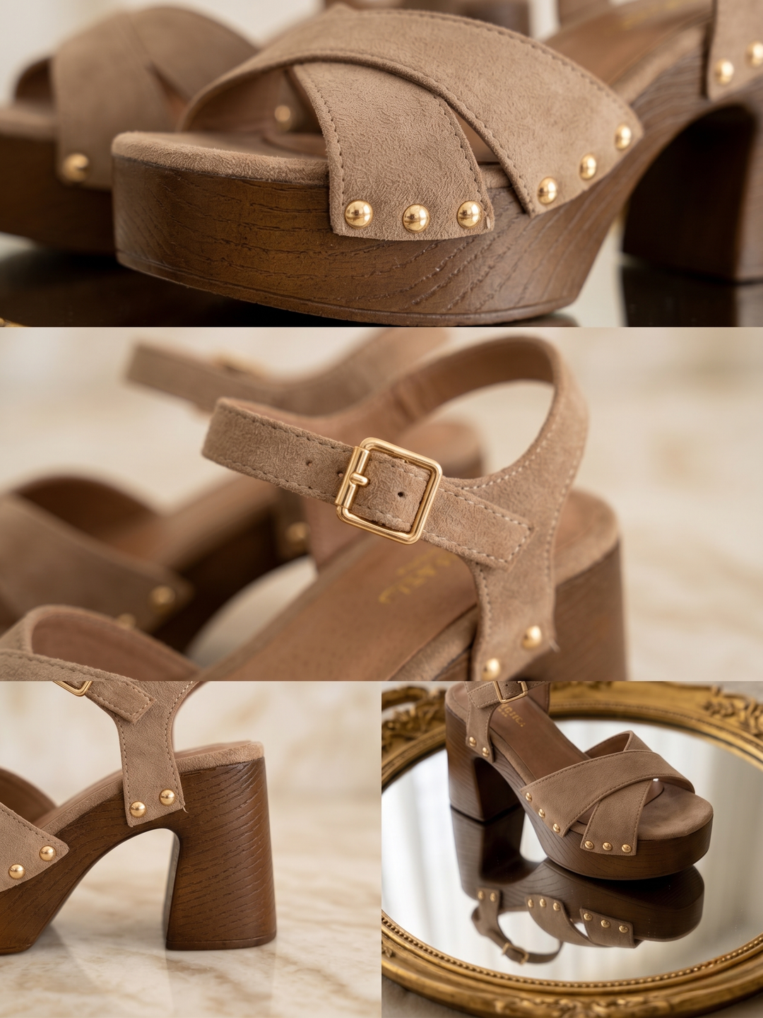 Gaia Sandals — taupe, crossed straps and gold studs