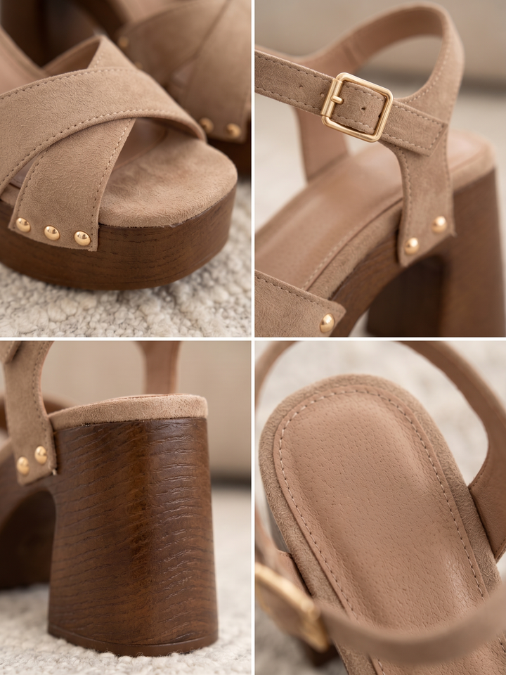 Gaia Sandals — taupe, crossed straps and gold studs